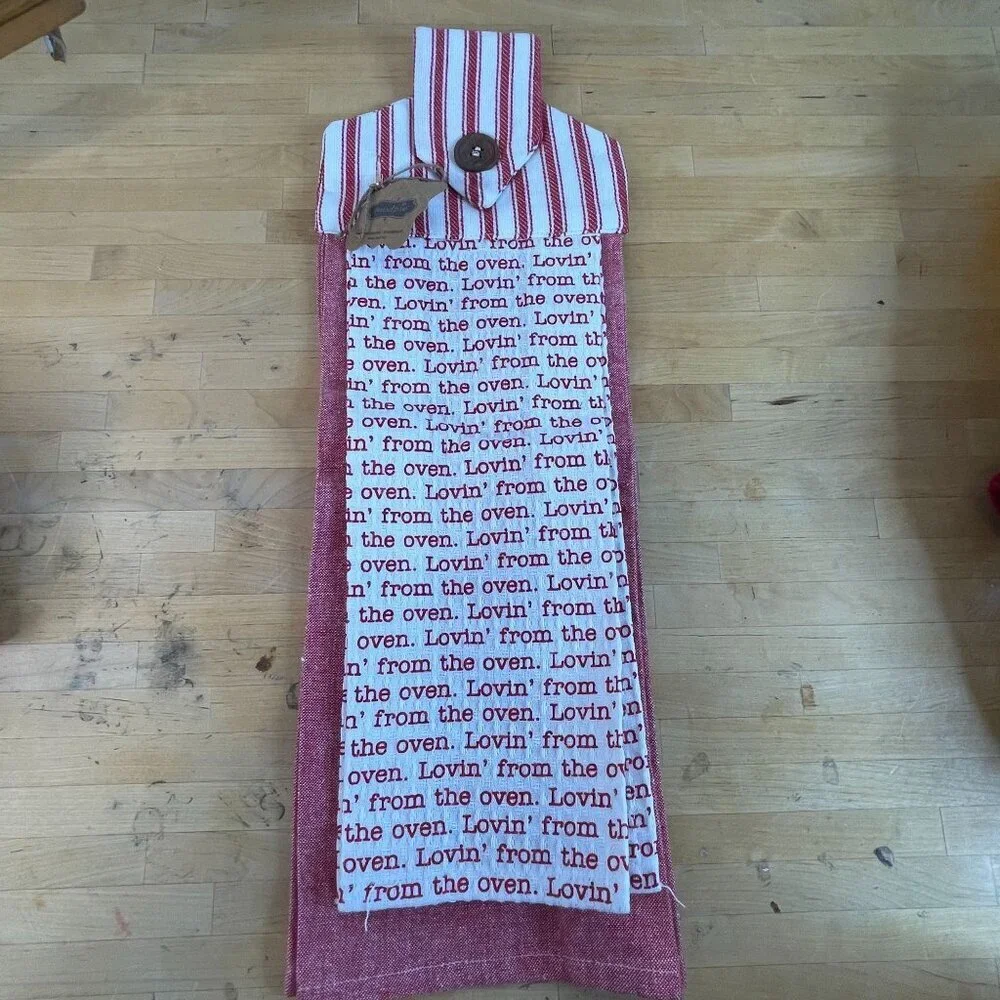 Mud Pie Kitchen Hanging Towel Lovin From The Oven Text Red & White Stripe NWT